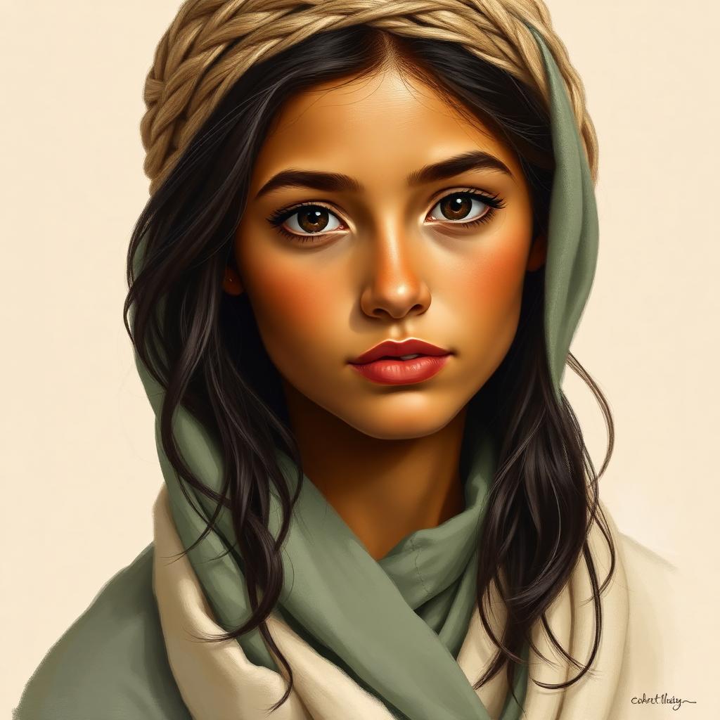 Painterly portrait of a poised young Hebrew woman with dark hair under a simple woven head covering, in sage and cream robes.