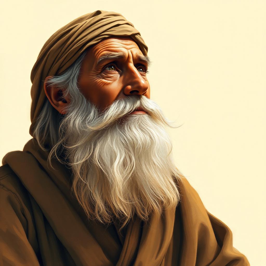 Painterly portrait of an aged patriarch with a long white beard and tan headcloth, gazing upward at a starry sky.