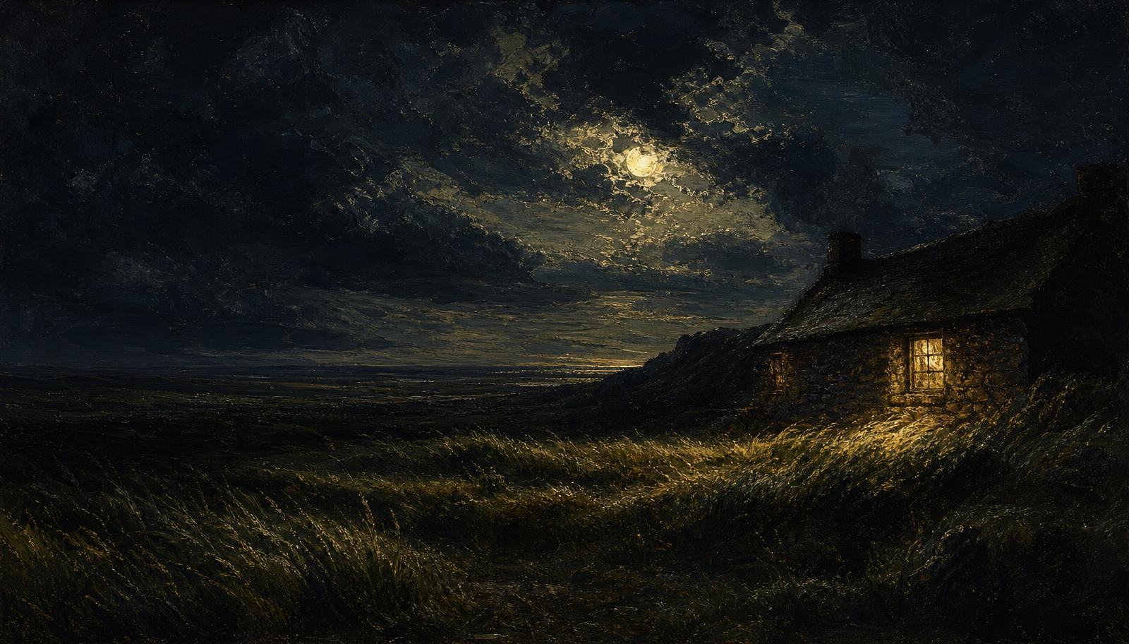 An oil painting of one lamplit window across a vast dark windswept plain under a stormy night sky