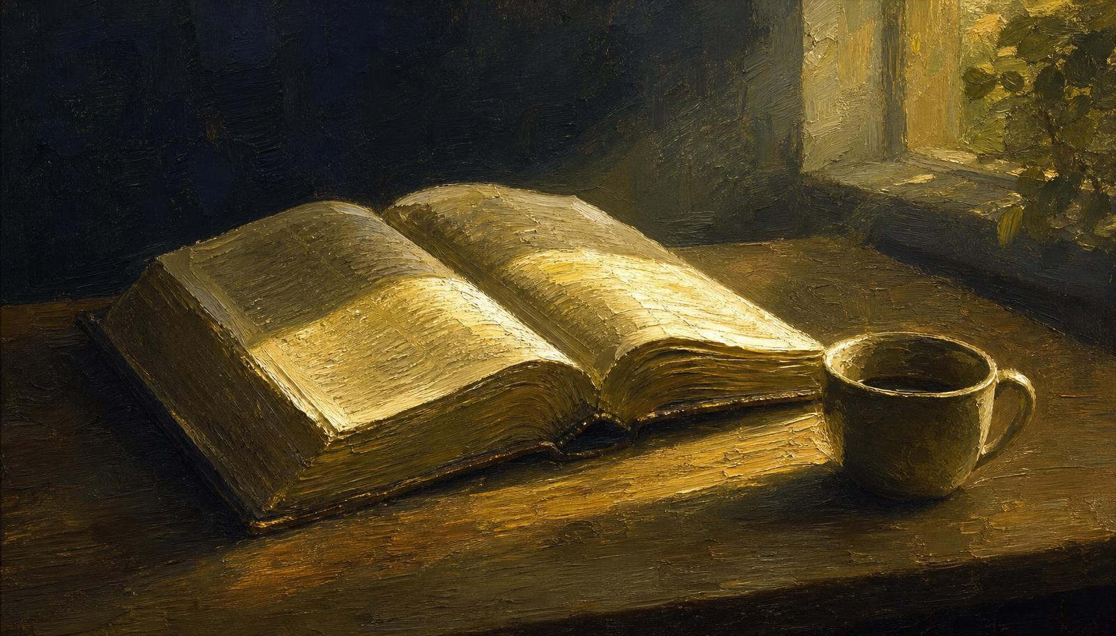 An oil painting of a worn open book and a cup of coffee on a table in morning light