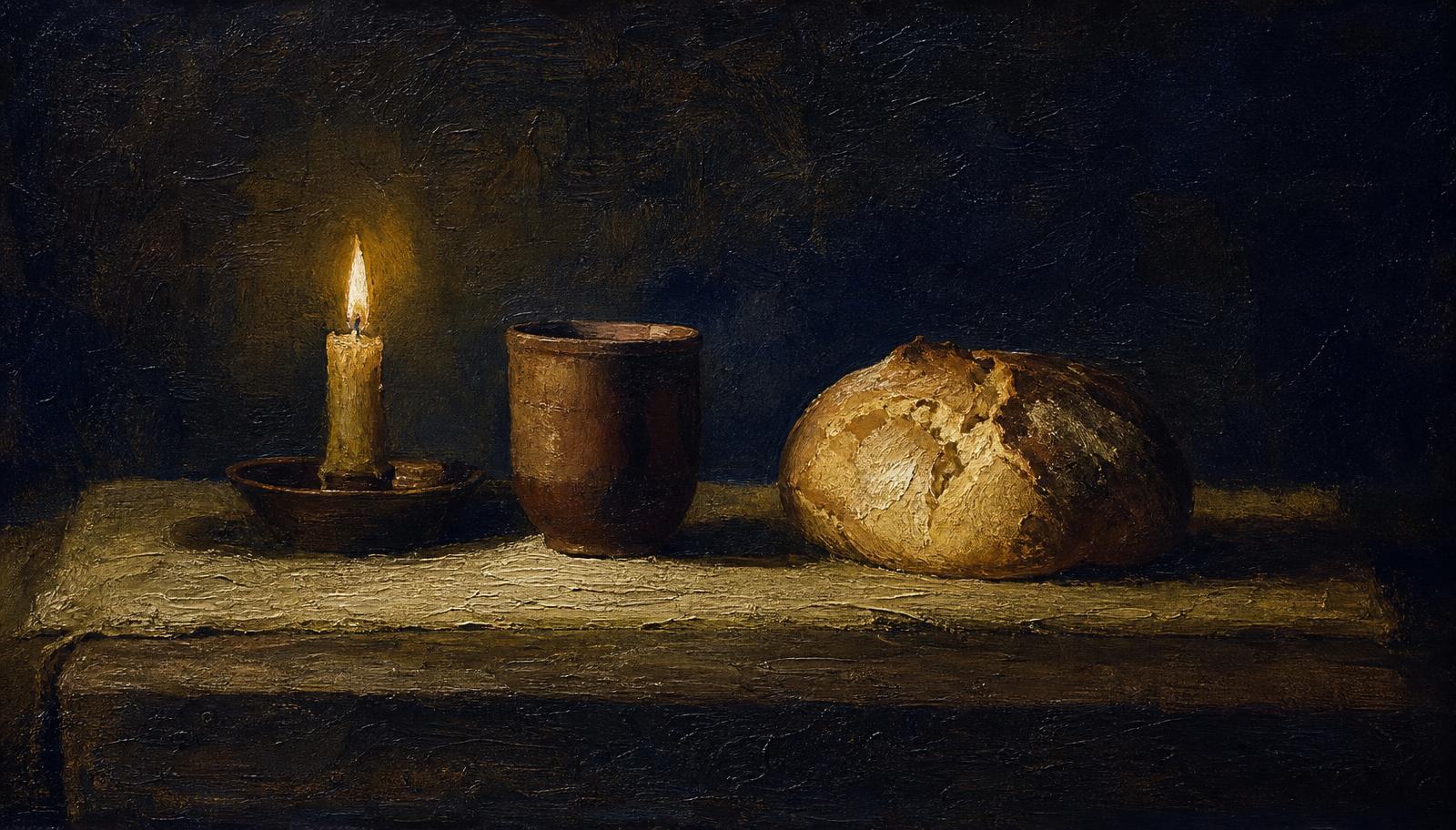 An oil painting of a plain table holding one loaf of bread, a clay cup and a single lit candle