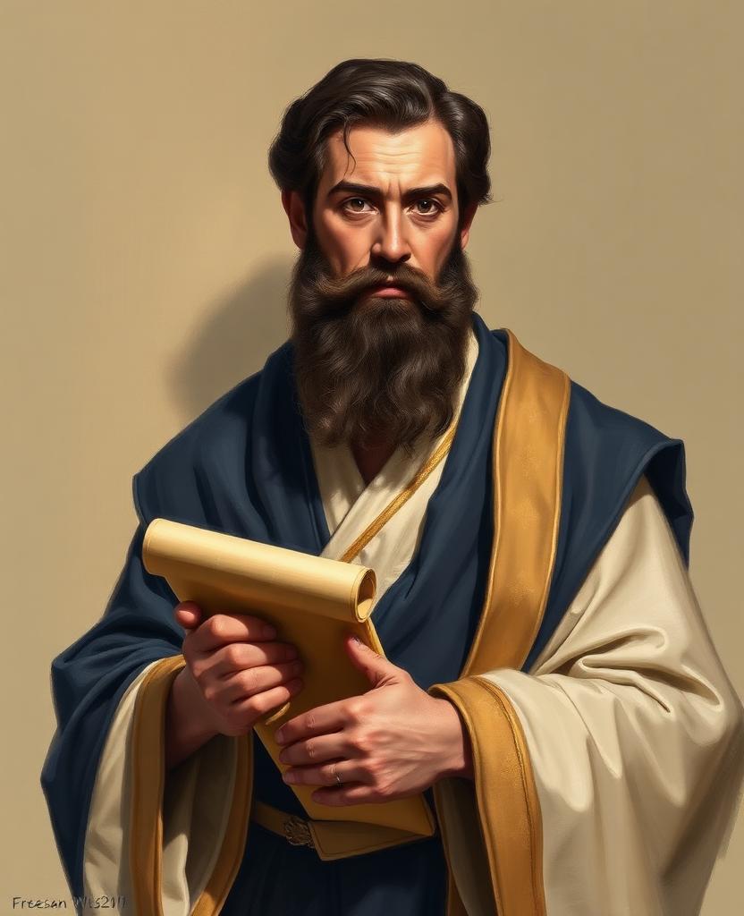 Painterly portrait of a bearded Hebrew man in robes blending navy, cream and gold, holding a scroll.