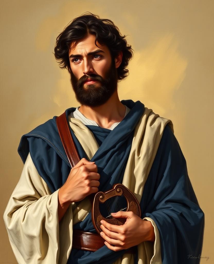 Painterly portrait of a young dark-haired Hebrew man with a beard, holding a small harp, robed in deep blue and cream.
