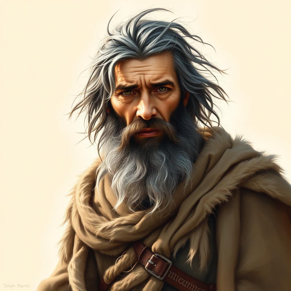 Painterly portrait of a rugged prophet with wild gray-streaked hair and beard, wearing a rough camel-hair cloak.