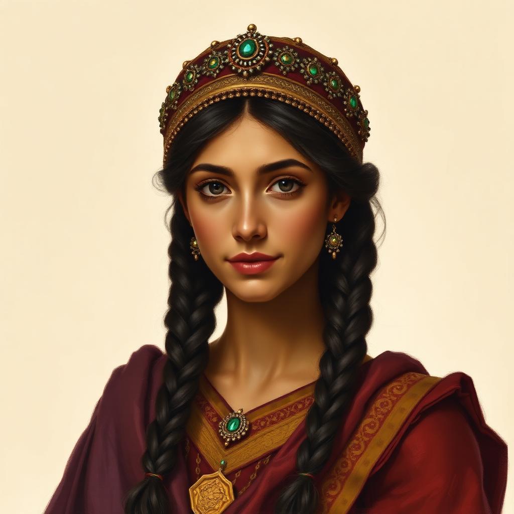 Painterly portrait of a young Persian-Jewish queen with dark braided hair, modest jeweled headdress, and rich burgundy and gold robes.