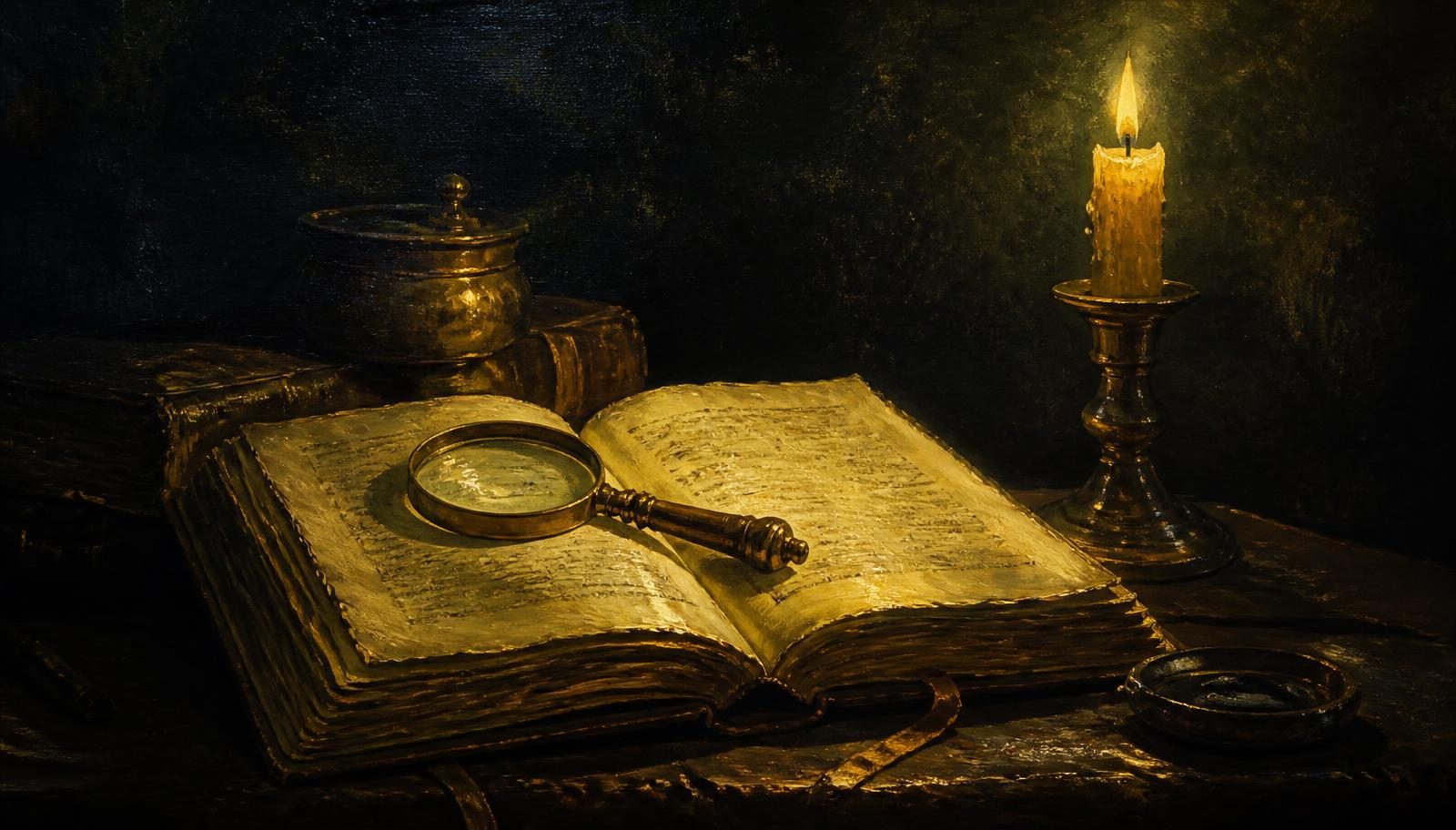 An oil painting of an open book on a dark table with a brass magnifying glass and a single candle burning beside it