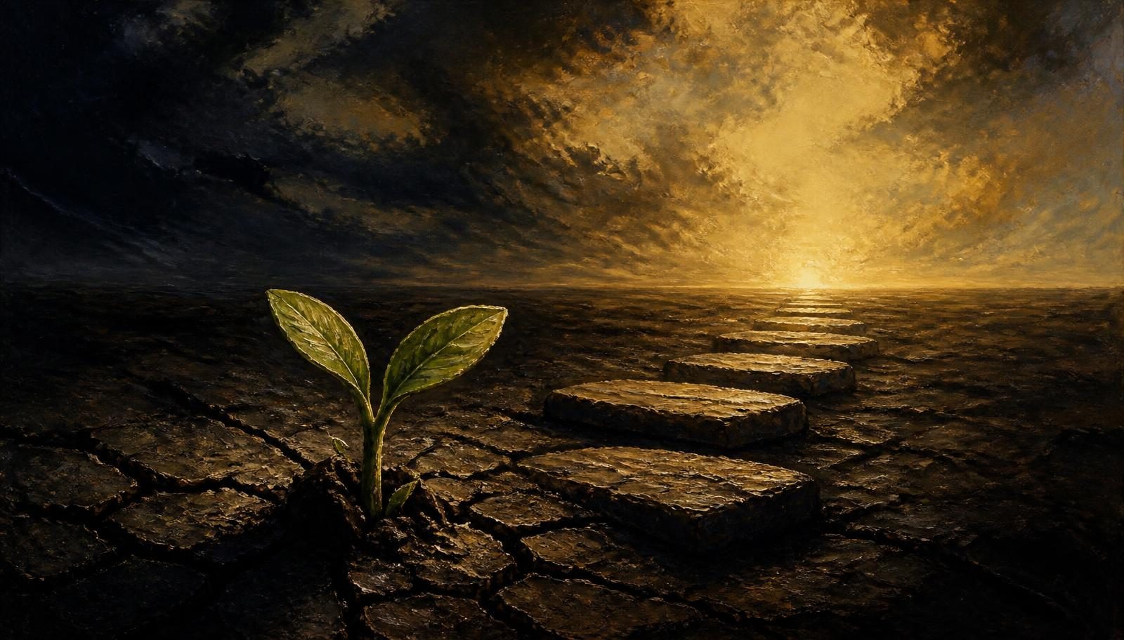 An oil painting of a green seedling pushing through cracked dark earth beside stepping stones leading toward the dawn