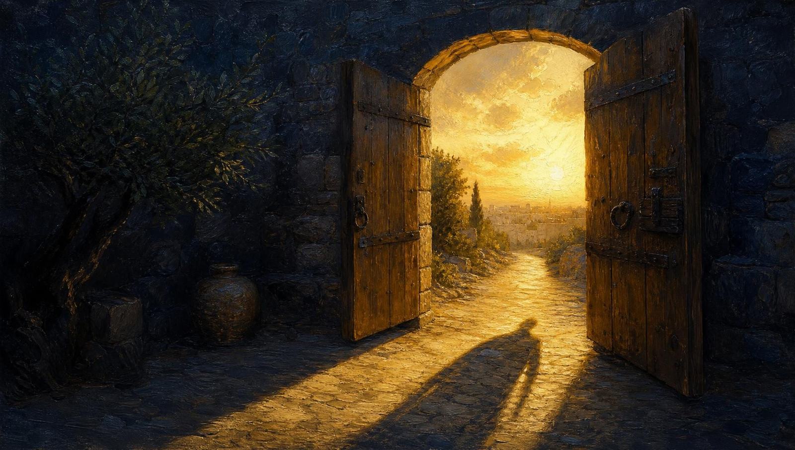 An oil painting of a heavy wooden gate standing open at sunrise, light flooding across the threshold