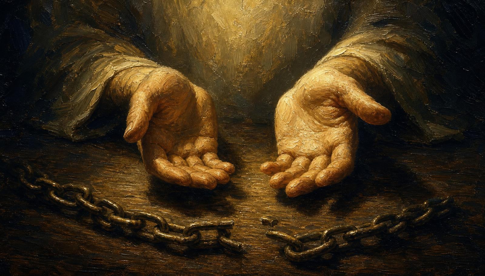 An oil painting of two open hands resting palm-up on a dark table beside a broken chain