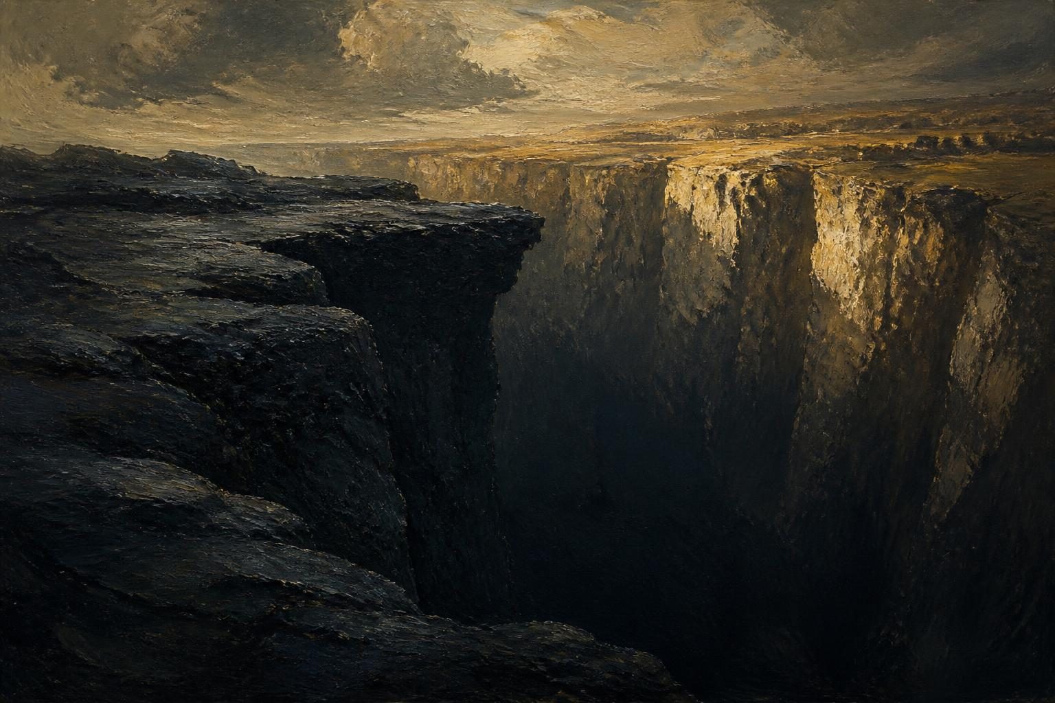 An oil painting of a vast dark chasm splitting rocky ground, the far cliff lit by distant gold light.
