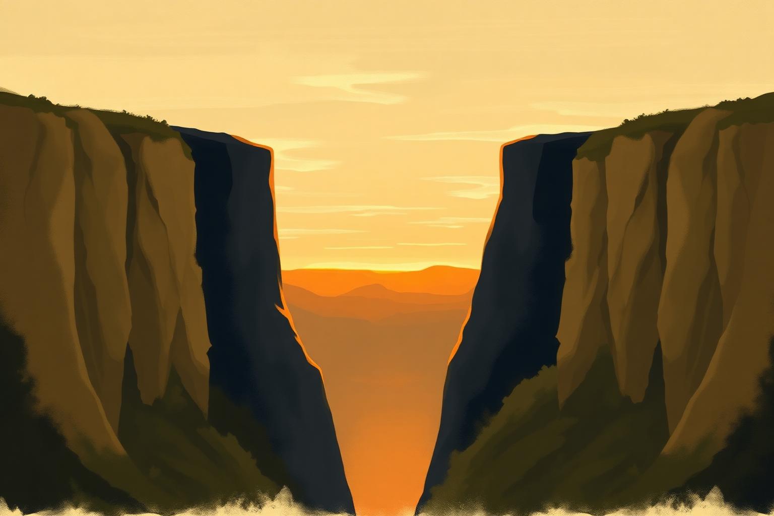 A wide chasm at dawn, symbolic of separation between humanity and God.
