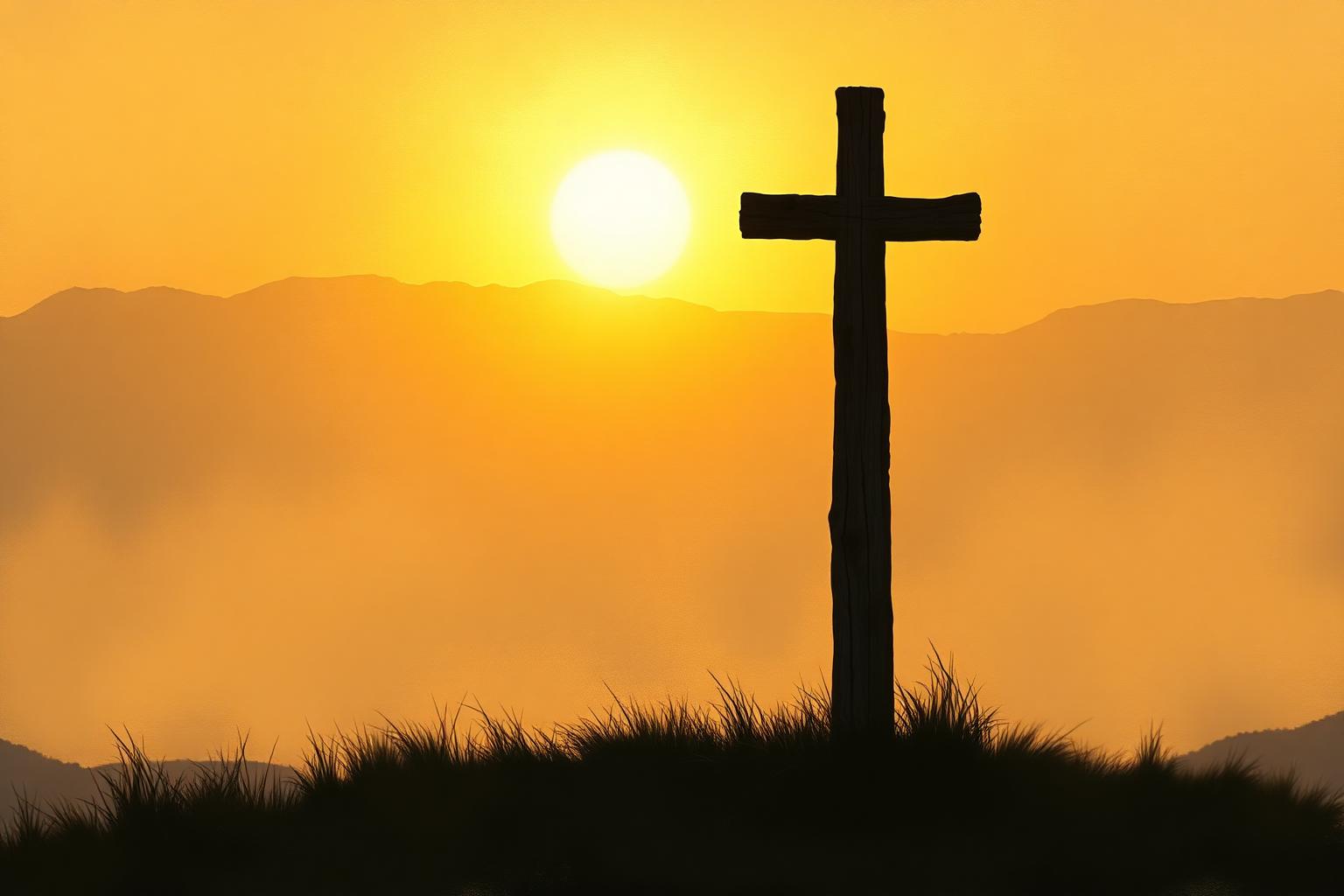 A wooden cross silhouetted against a warm sunrise.
