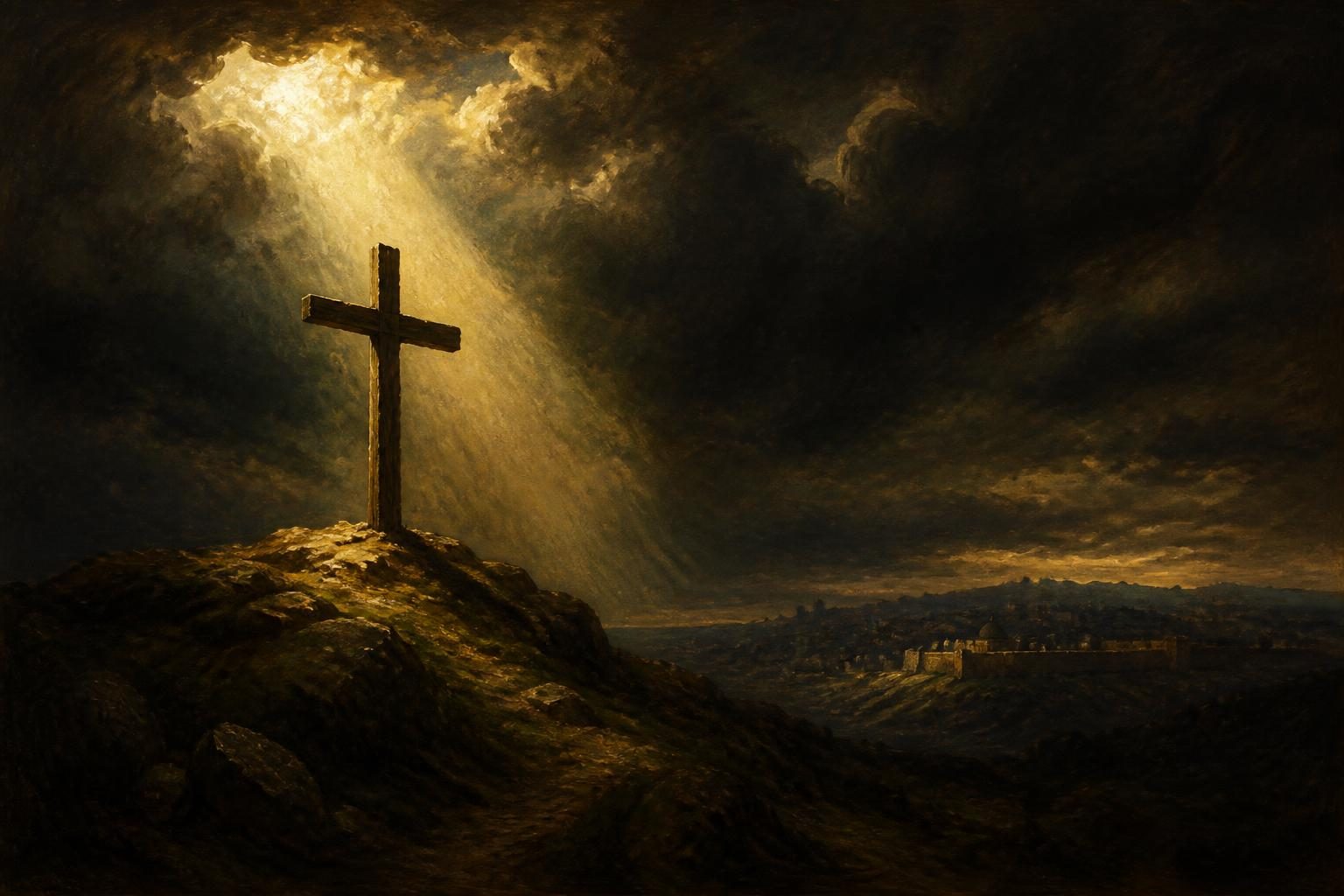 An oil painting of a rough wooden cross on a dark hill, one break of gold light falling on it through storm clouds.