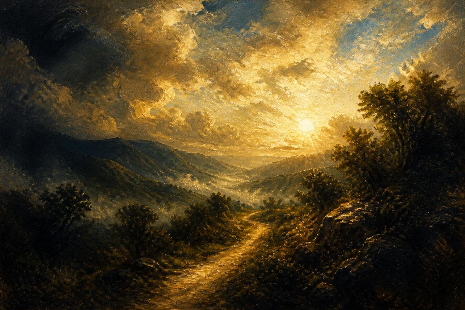 An oil painting of dawn breaking gold over dark hills, a narrow footpath leading toward the light.