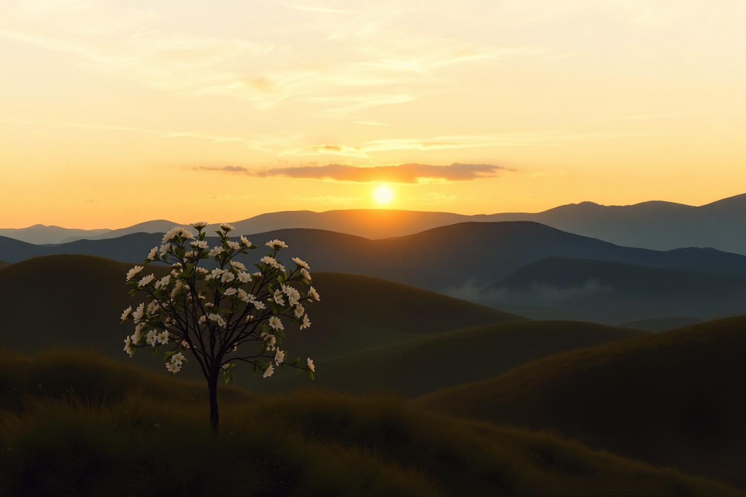 A dawn breaking over hills with a blossoming tree, symbolic of new creation.