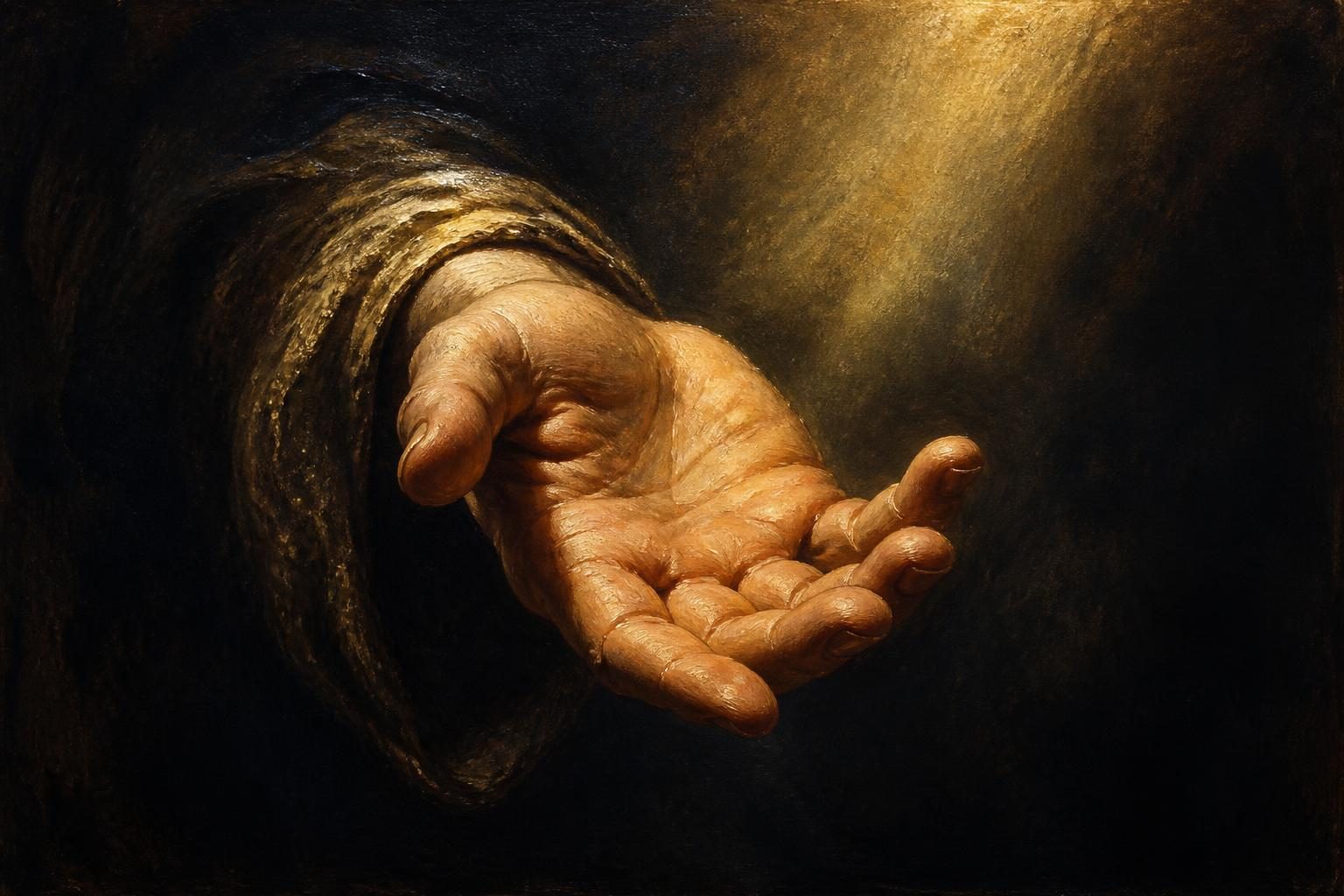 An oil painting of an open hand, palm up, reaching out of deep darkness into a shaft of warm gold light.