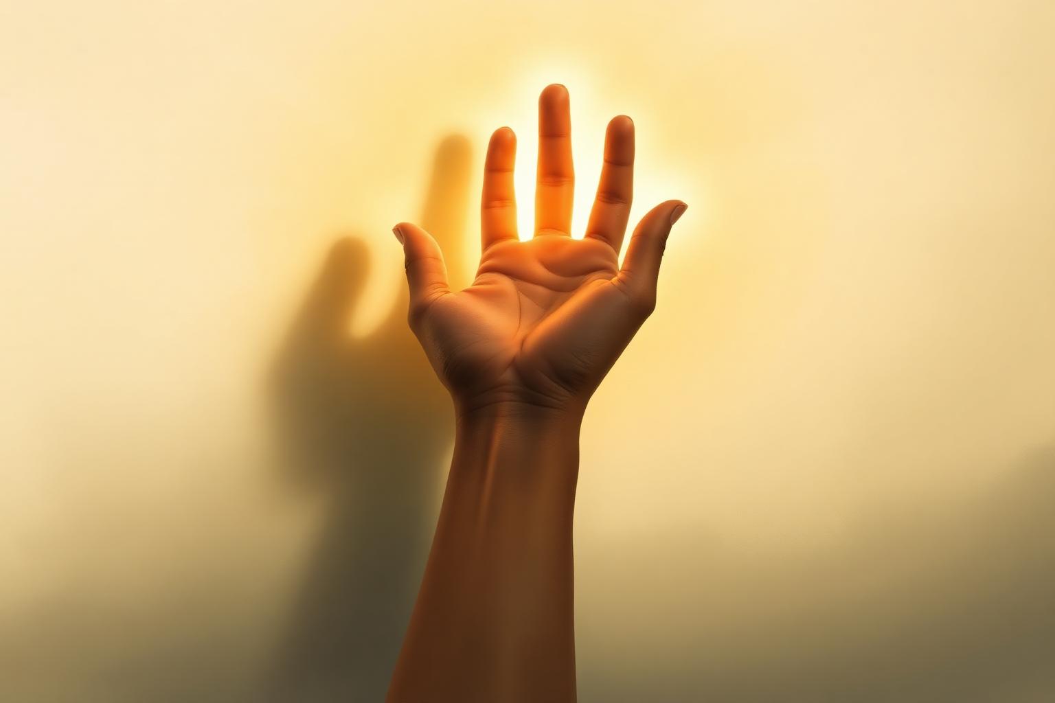 An open hand reaching upward into warm light.