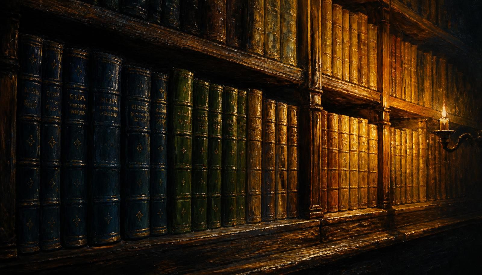An oil painting of a long library shelf of leather book spines in bands of navy, olive and gold, lit by one candle