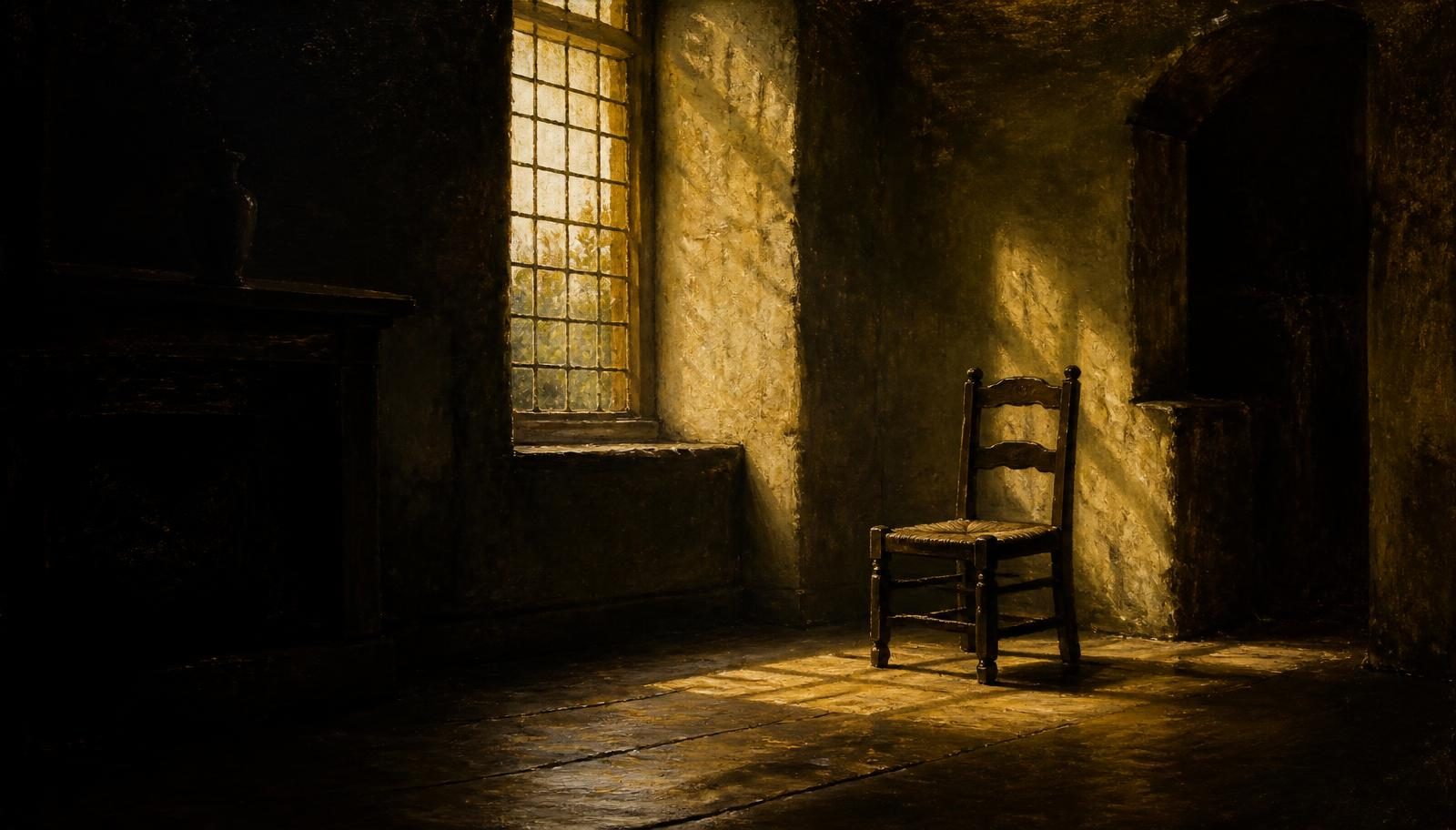 An oil painting of a quiet stone room at dawn, one empty wooden chair in a shaft of gold light from a tall window