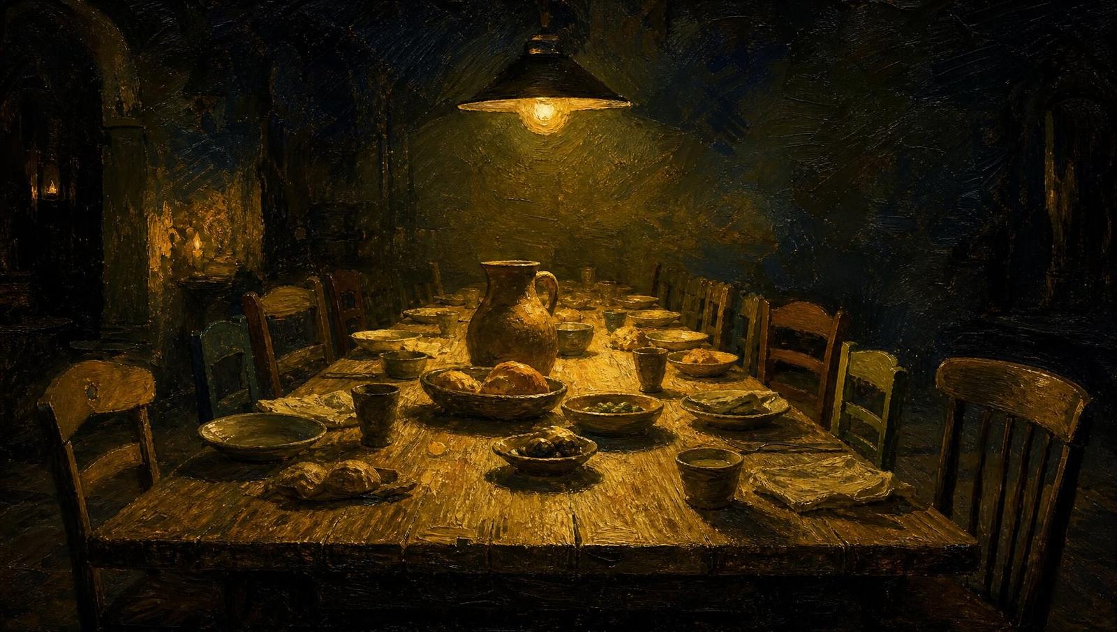 An oil painting of a long communal table set with bread and cups, every place lit by one warm lamp