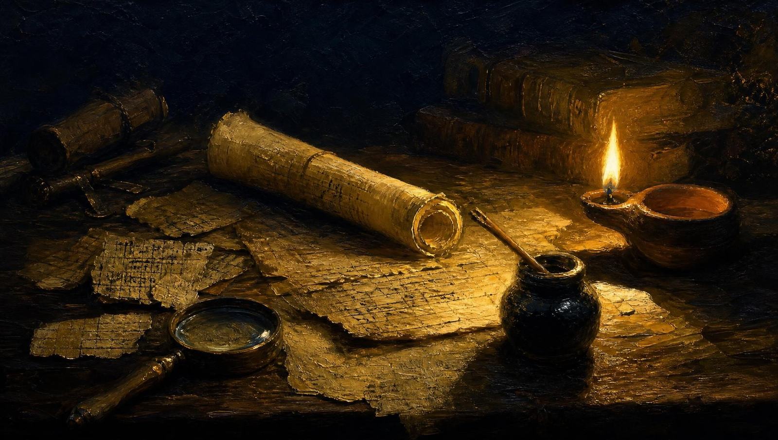 An oil painting of ancient papyrus fragments and a scroll on a scholar's table, lit by a single oil lamp