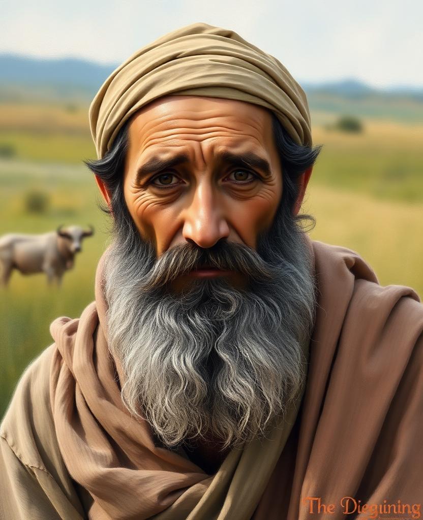 Painterly portrait of a middle-aged Hebrew patriarch with a long beard going gray and kind quiet eyes, in simple earth-toned robes and a tan headcloth.