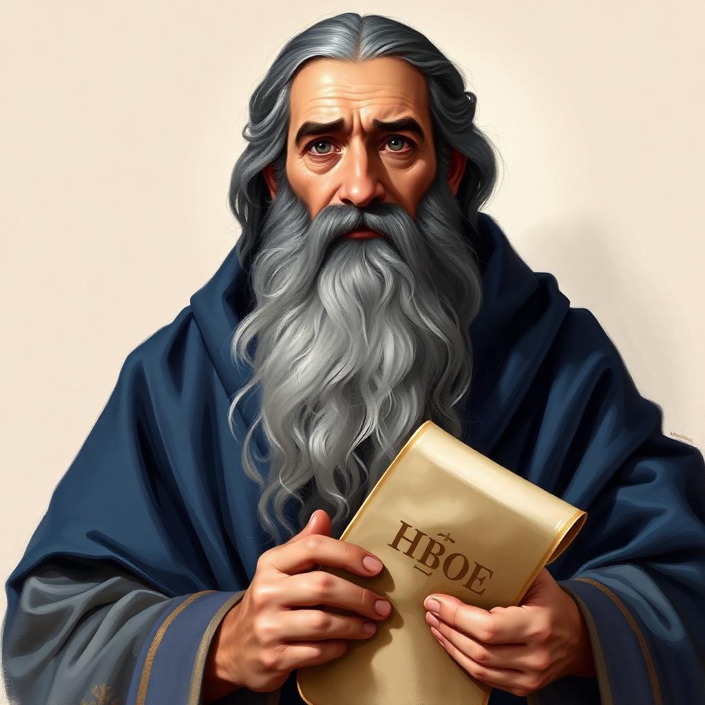 Painterly portrait of a dignified older Hebrew prophet with a long gray beard, holding a scroll, robed in deep indigo and cream.