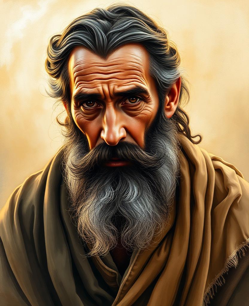 Painterly portrait of a middle-aged Hebrew patriarch with a thick beard streaked with gray and deep contemplative eyes, robed in striped earth tones.
