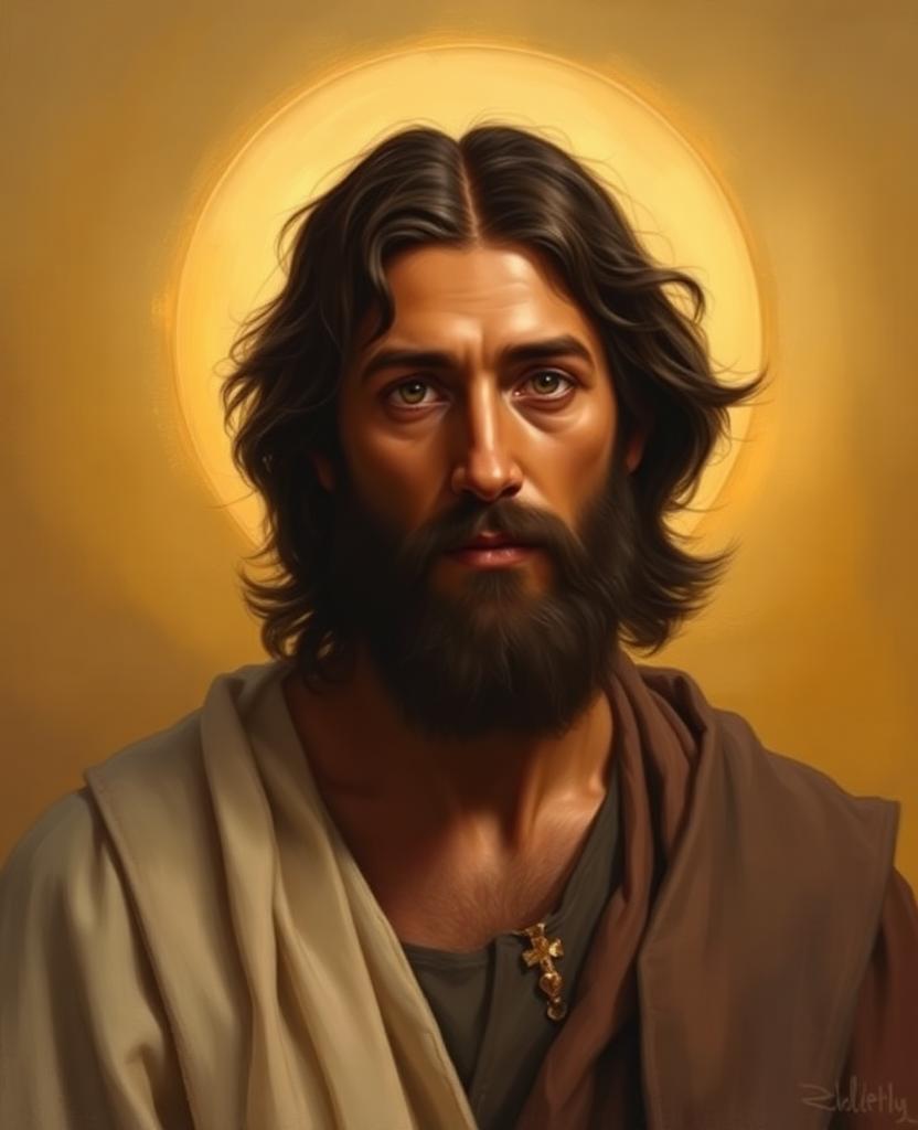 Painterly portrait of a first-century Judean man with olive skin, dark wavy hair, and a short beard, gazing forward with calm warm eyes.