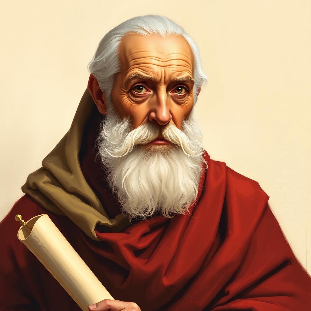 Painterly portrait of an elderly Galilean man with a soft white beard, robed in cream and deep red, holding a scroll.