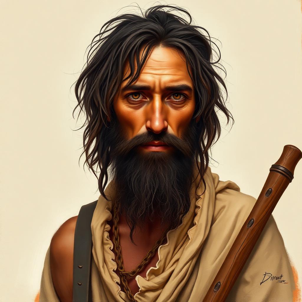 Painterly portrait of a lean wilderness prophet with sun-darkened skin, long dark hair and beard, wearing a rough camel-hair garment.