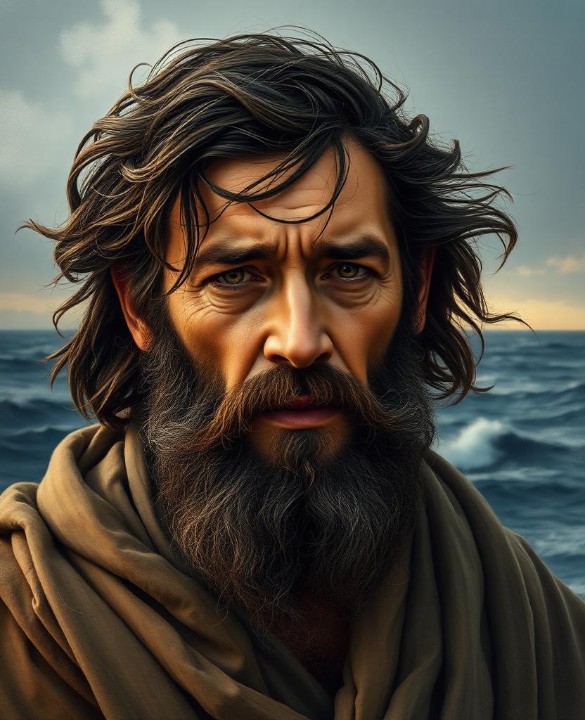 Painterly portrait of a windblown Hebrew prophet with dark hair and beard, robes still damp and salt-stained, conflicted eyes, stormy sea behind him.