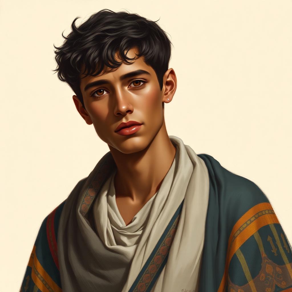 Painterly portrait of a young Hebrew man wearing an ornate striped coat of many colors over linen robes.