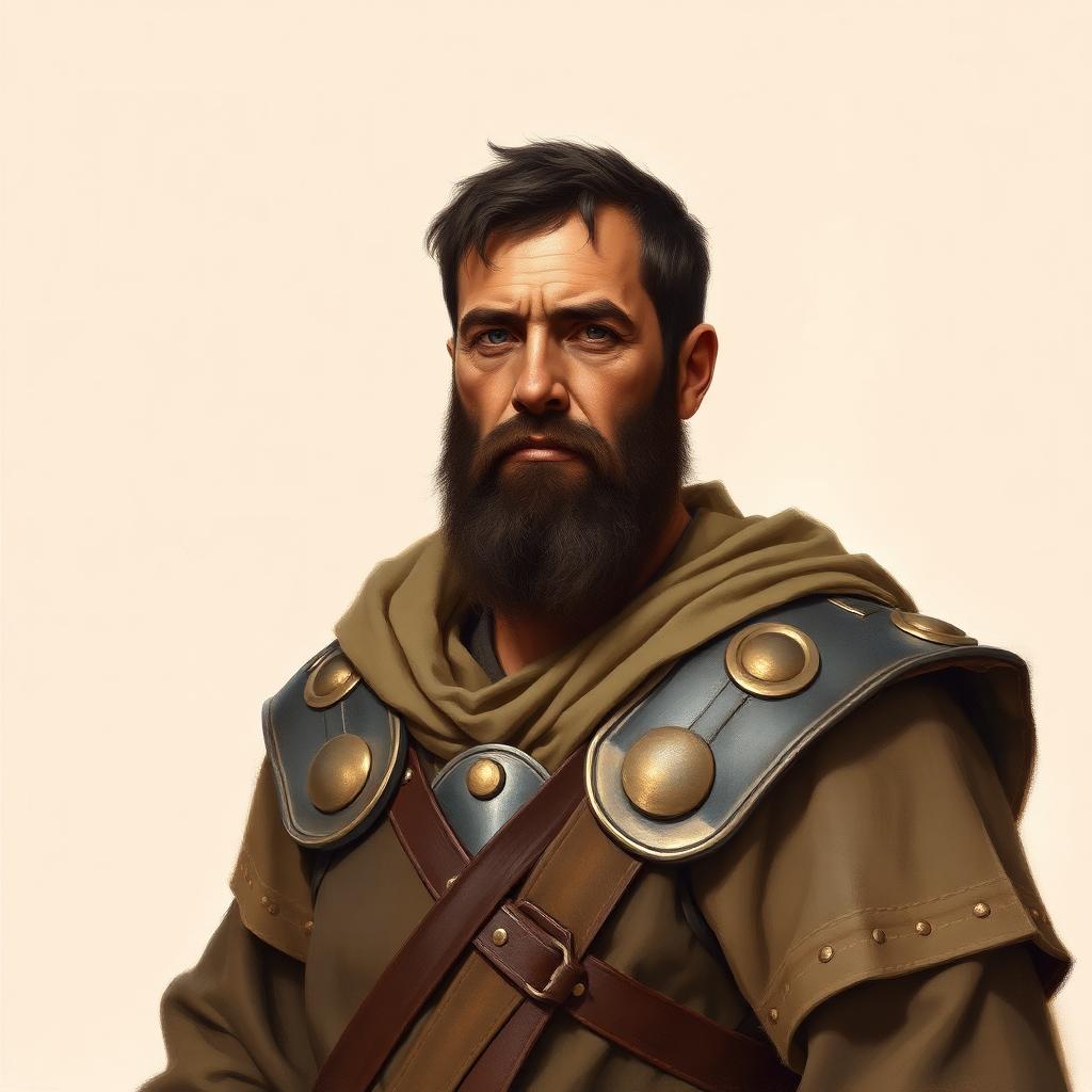 Painterly portrait of a strong middle-aged Hebrew warrior with a short dark beard, in simple bronze-trimmed armor over earth-tone robes.