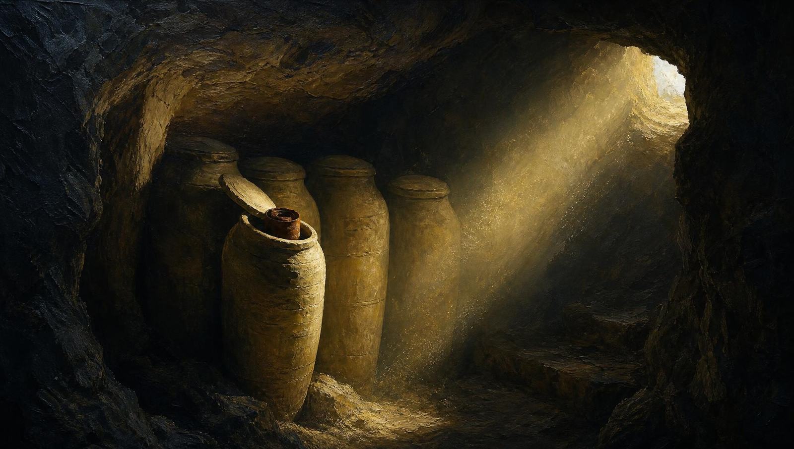An oil painting of sealed clay scroll jars in a desert cave, one open, struck by daylight from the cave mouth