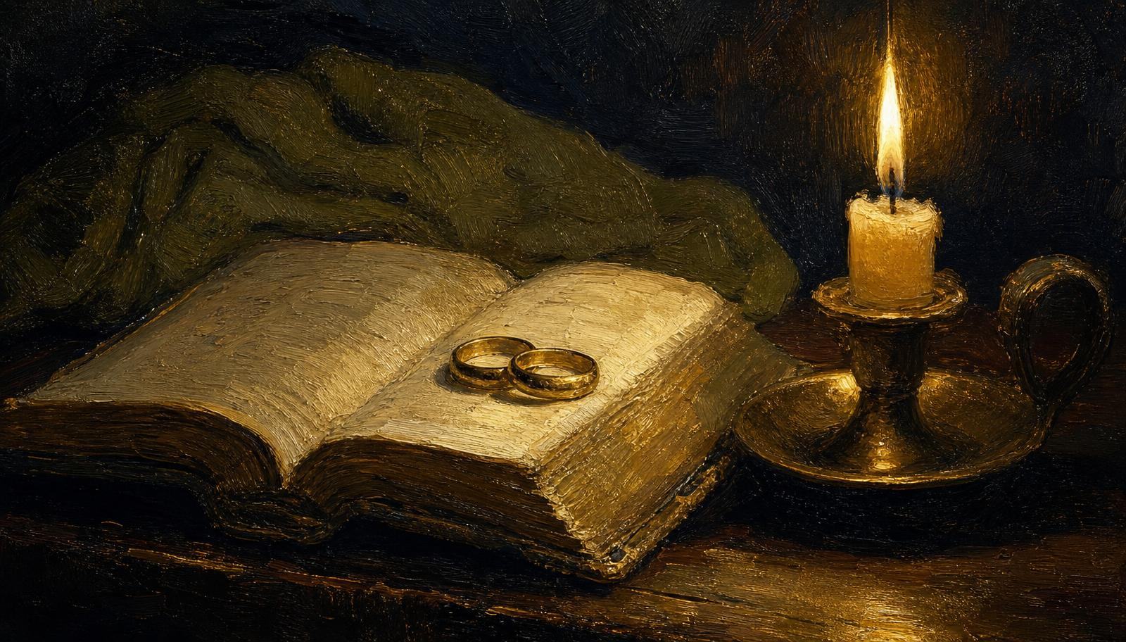 An oil painting of two worn wedding rings on an open book beside a low-burning candle