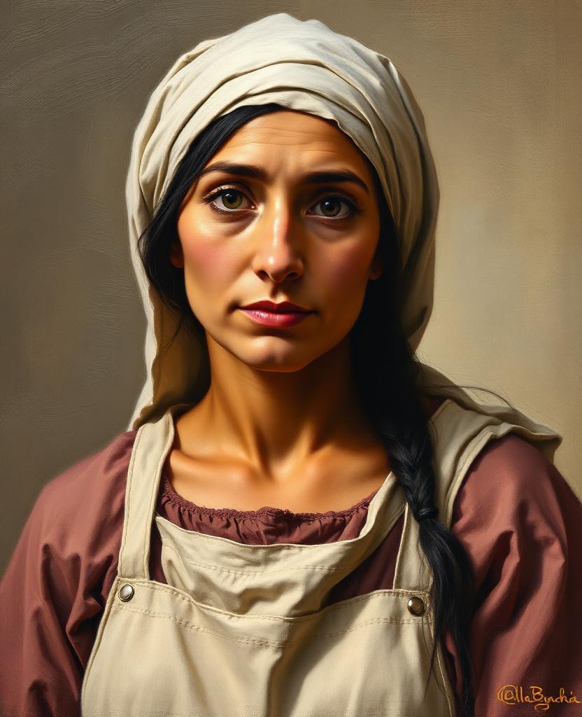 Painterly portrait of a first-century Judean woman with warm olive skin and dark hair under a soft head covering, an apron over linen robes of dusty rose and cream.