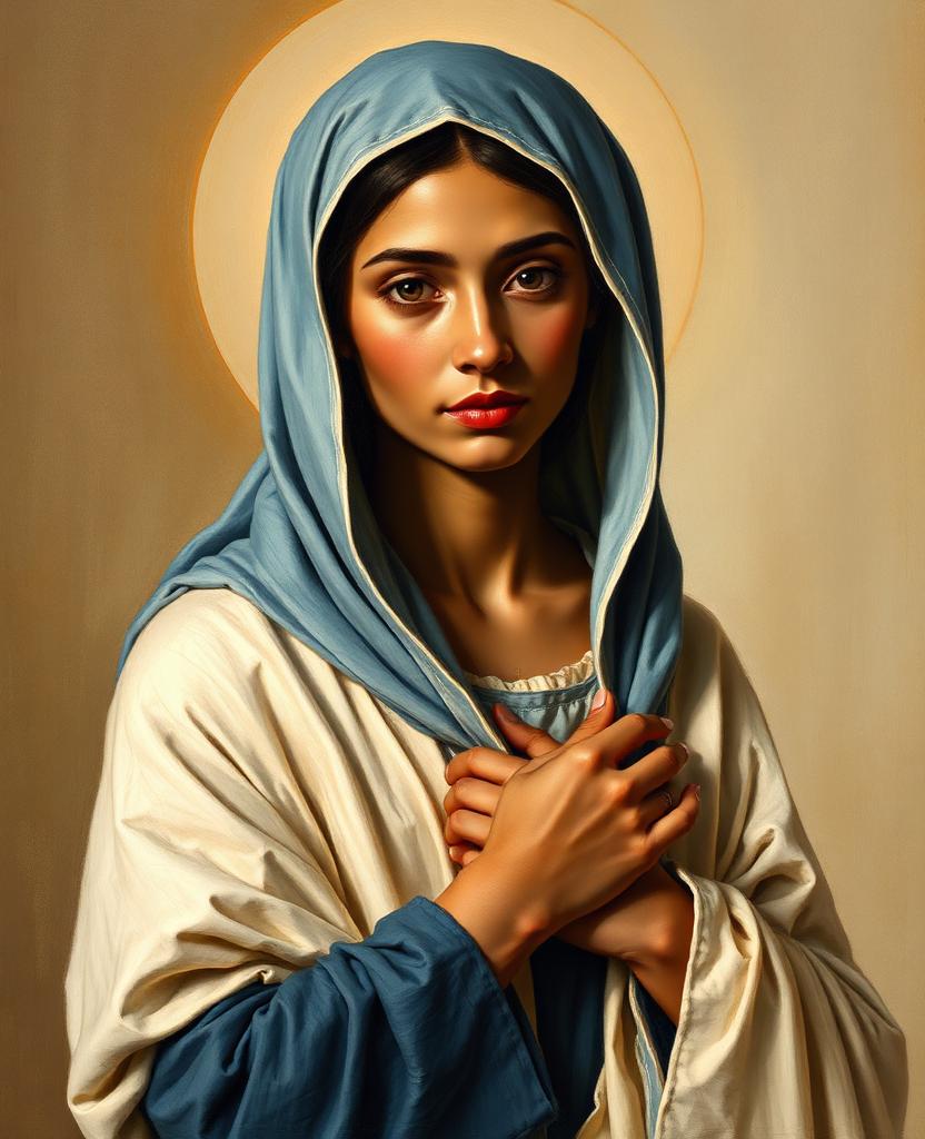 Painterly portrait of a young first-century Judean woman with a soft blue head covering and folded hands, robed in cream and blue.
