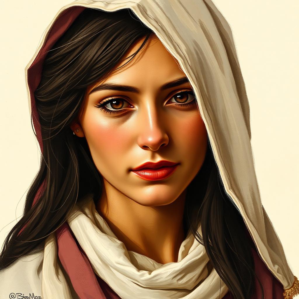 Painterly portrait of a first-century Judean woman with long dark hair under a soft headscarf, robed in muted rose and cream.