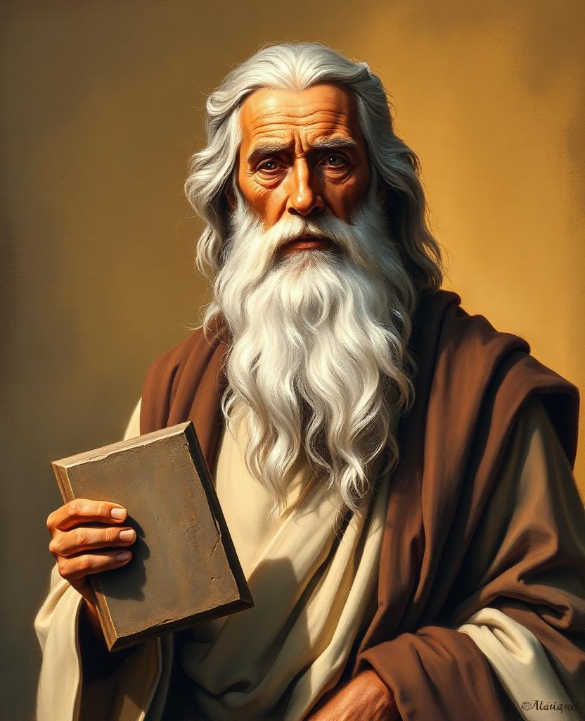Painterly portrait of an aged Hebrew man with a long white beard, holding stone tablets, robed in earth tones.