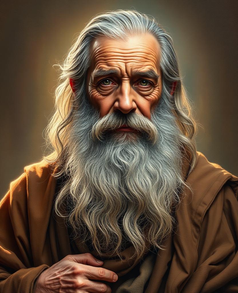 Painterly portrait of an aged patriarch with a long gray beard and weathered carpenter's hands, robed in earth tones, soft rainbow light behind him.