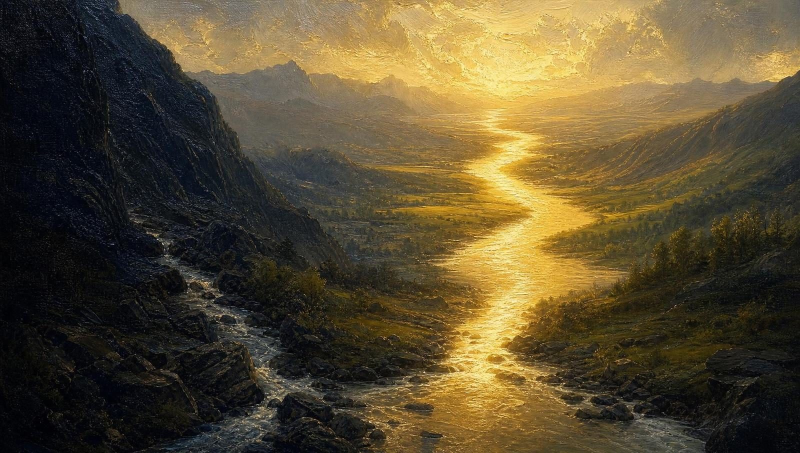 An oil painting of two rivers meeting in a canyon and running on as one bright stream toward the light