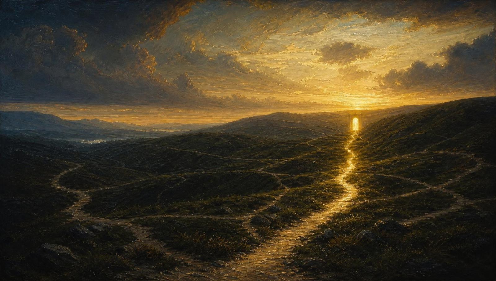 An oil painting of many paths crossing dark hills, with one lit path running to a distant gate of light