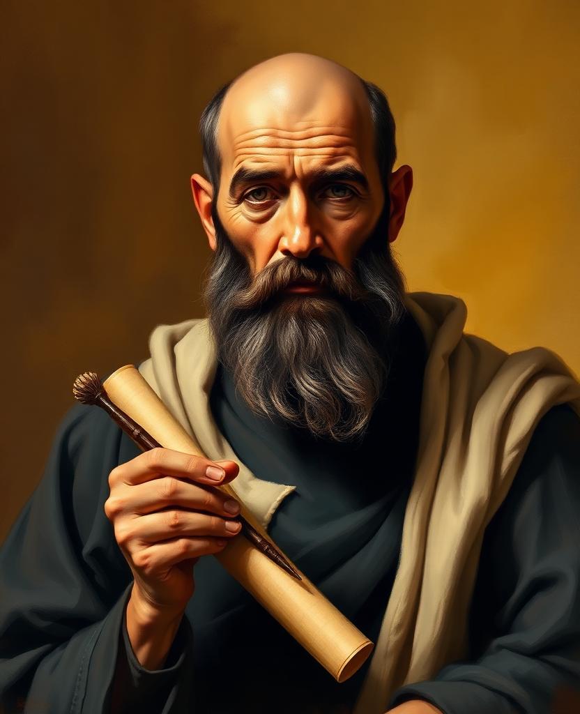 Painterly portrait of a balding middle-aged Jewish man with a dark beard, holding a scroll and quill, robed in earth tones.