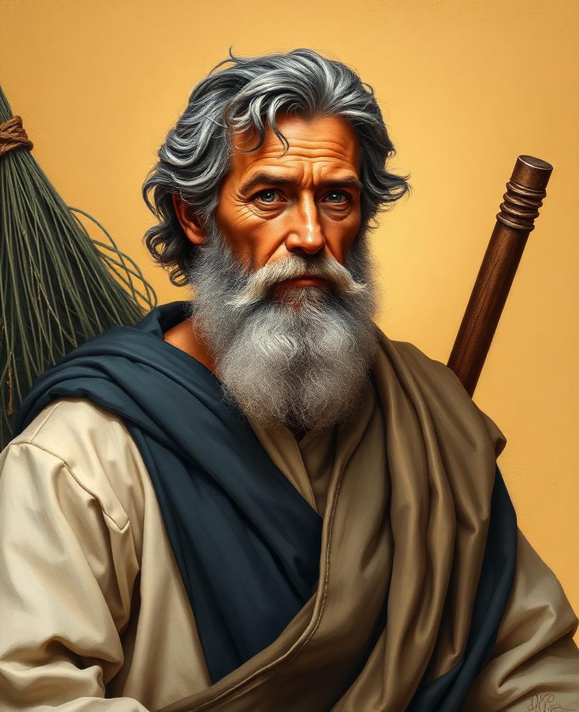 Painterly portrait of a weathered Galilean fisherman with gray-streaked beard, robed in linen and earth tones, fishing nets in the background.