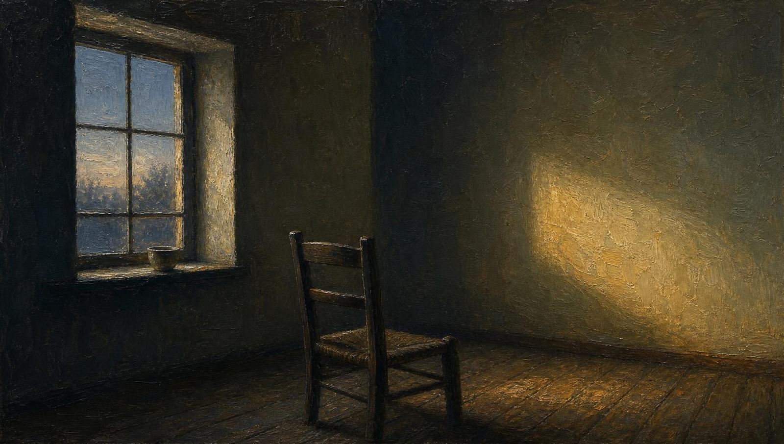 An oil painting of a bare room before dawn with one plain chair and the first warm light touching the wall