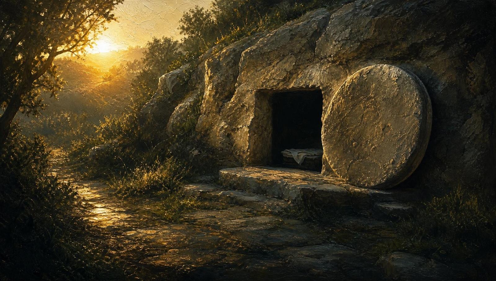 An oil painting of a rock-cut tomb at sunrise with the sealing stone rolled aside and the opening empty