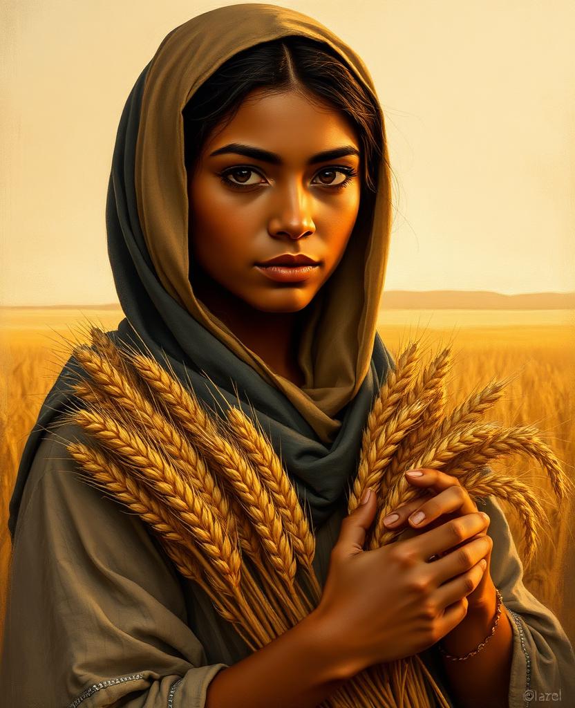 Painterly portrait of a young woman with warm olive skin and a head scarf, holding sheaves of golden barley in a field at sunset.