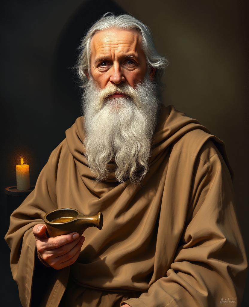 Painterly portrait of an older Hebrew prophet with a long white beard, wearing a simple linen ephod over earth-toned robes, holding a small horn of oil.