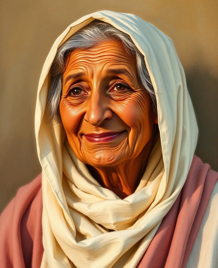 Painterly portrait of an elderly Hebrew matriarch with warm olive skin and silver hair under a cream headscarf, gentle laughing eyes, robed in cream and dusty rose.